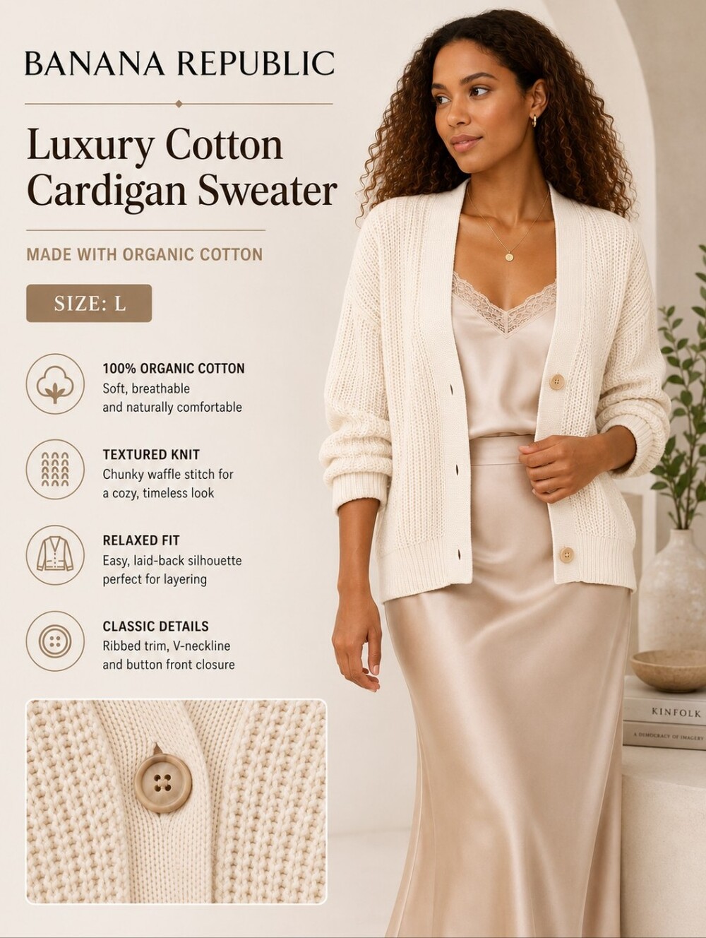 Banana Republic | Luxury Cotton Cardigan Sweater | Organic Cotton Knit |  L